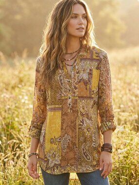 Ava Grace M Top Tunic Mesh Patchwork Yellow Brown Earthy Folk Fairy Grunge